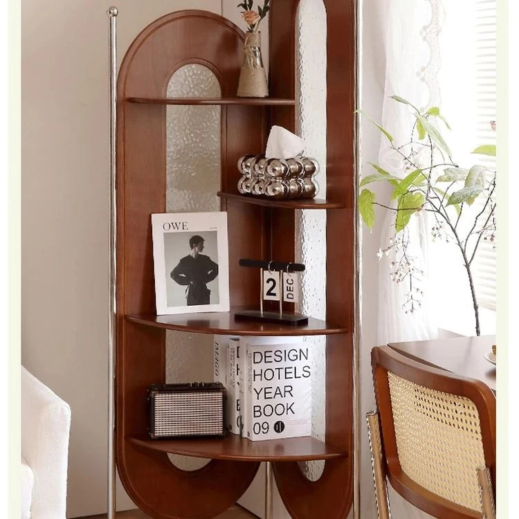 Elegant Cherry Wood and Glass Corner Storage Rack - Stylish Multi-Functional Shelving Unit for Home Decor hby-4603