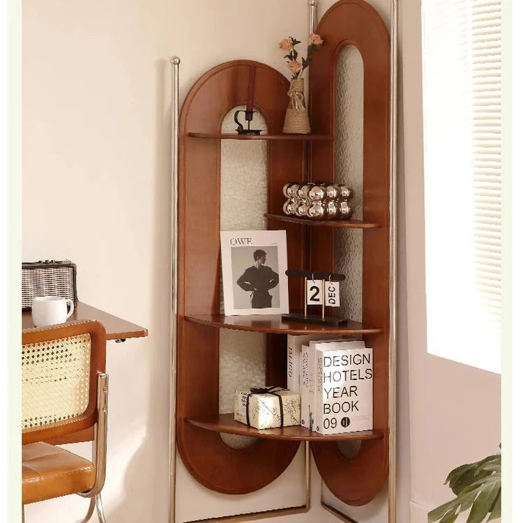 Elegant Cherry Wood and Glass Corner Storage Rack - Stylish Multi-Functional Shelving Unit for Home Decor hby-4603
