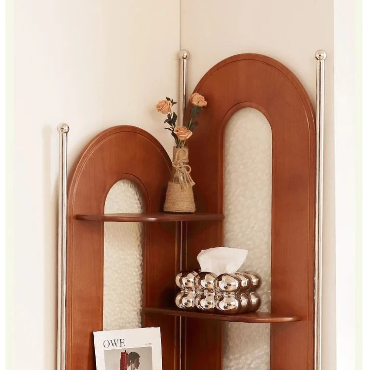 Elegant Cherry Wood and Glass Corner Storage Rack - Stylish Multi-Functional Shelving Unit for Home Decor hby-4603