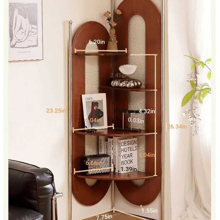 Elegant Cherry Wood and Glass Corner Storage Rack - Stylish Multi-Functional Shelving Unit for Home Decor hby-4603