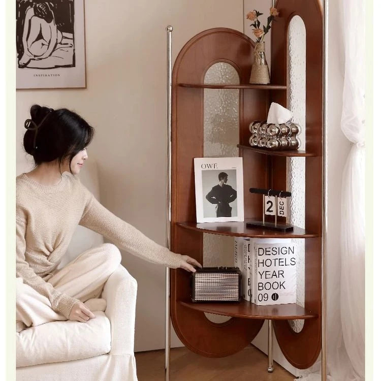 Elegant Cherry Wood and Glass Corner Storage Rack - Stylish Multi-Functional Shelving Unit for Home Decor hby-4603