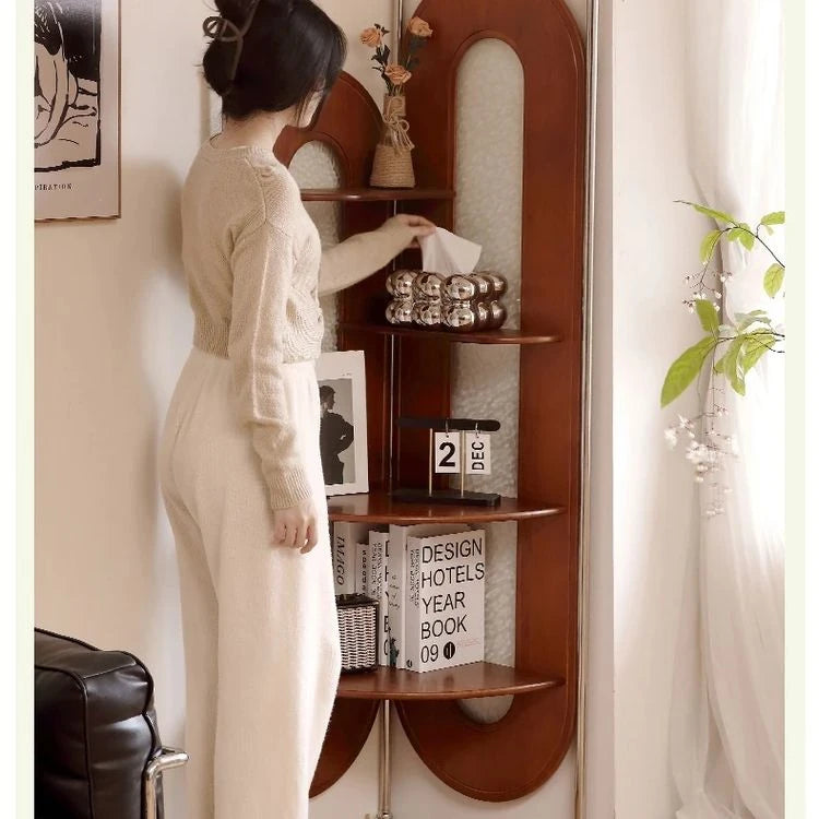 Elegant Cherry Wood and Glass Corner Storage Rack - Stylish Multi-Functional Shelving Unit for Home Decor hby-4603