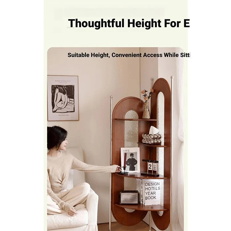 Elegant Cherry Wood and Glass Corner Storage Rack - Stylish Multi-Functional Shelving Unit for Home Decor hby-4603