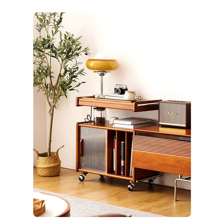 Stylish Cherry Wood Coffee Table with Stainless Glass Top and Storage - Vintage Home Décor Accent hby-4604