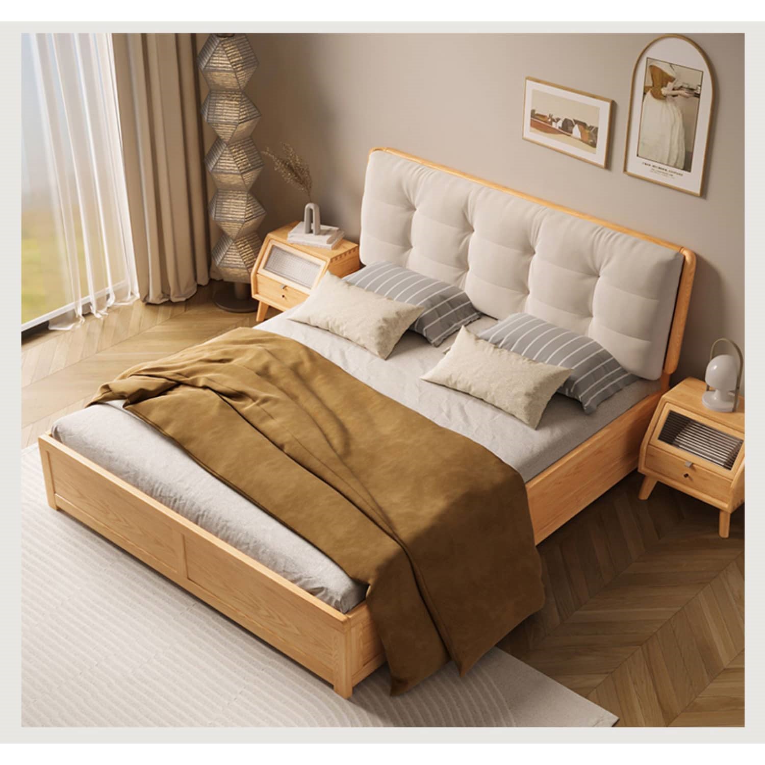 Modern California King Size Bed with Oak Wood Frame and Scratch-Resistant Fabric Headboard hbzwg-632