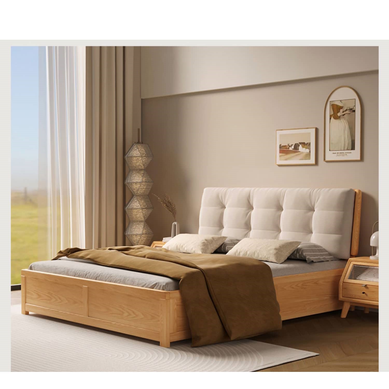 Modern California King Size Bed with Oak Wood Frame and Scratch-Resistant Fabric Headboard hbzwg-632