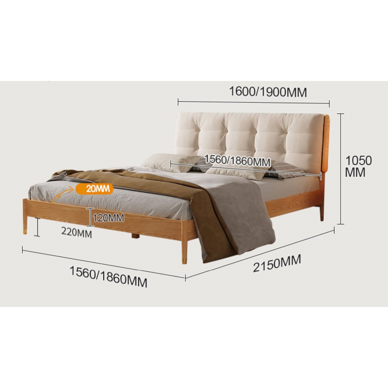 Modern California King Size Bed with Oak Wood Frame and Scratch-Resistant Fabric Headboard hbzwg-632