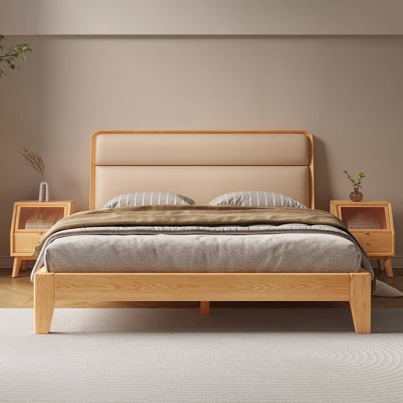 Stylish Multi-Tone Bed with Light Brown, Gray, Orange, Blue Synthetic Leather & Oak-Pine Wood Finish hbzwg-633