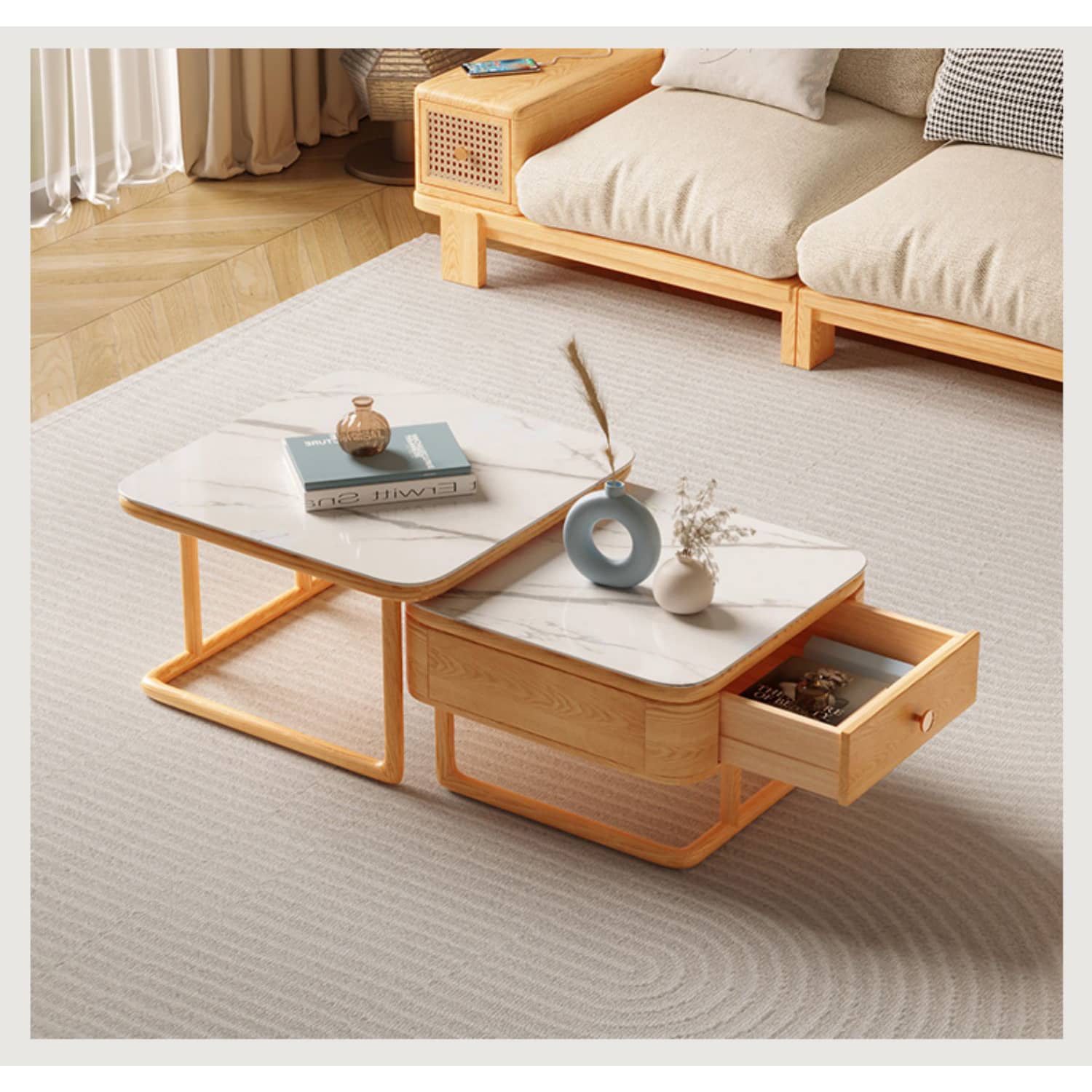 2-Pieces Square Sintered Stone Coffee Table with Storage - Modern Natural Wood For All Your Rooms hbzwg-638