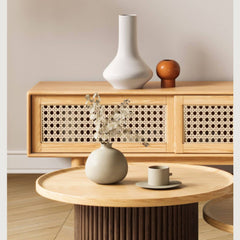 Stylish Oak Wood TV Cabinet with Rattan and Metal Accents hbzwg-639