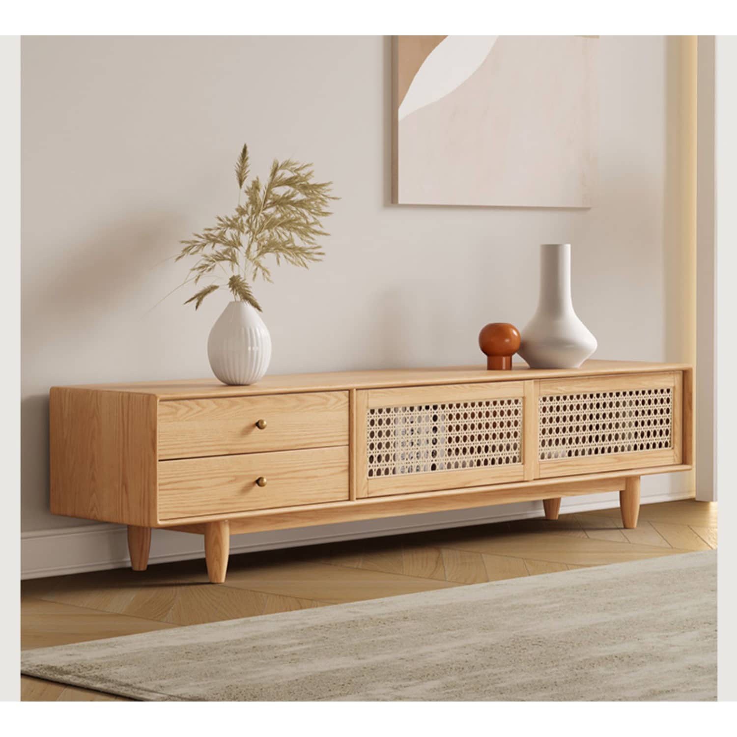 Stylish Oak Wood TV Cabinet with Rattan and Metal Accents hbzwg-639