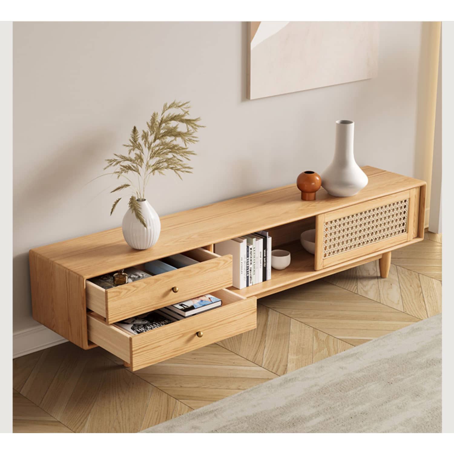 Stylish Oak Wood TV Cabinet with Rattan and Metal Accents hbzwg-639