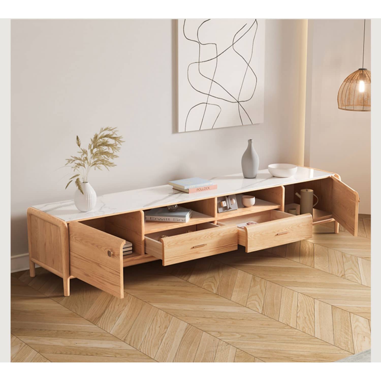 Modern TV Cabinet with White Sintered Stone and Oak Wood Accents hbzwg-640