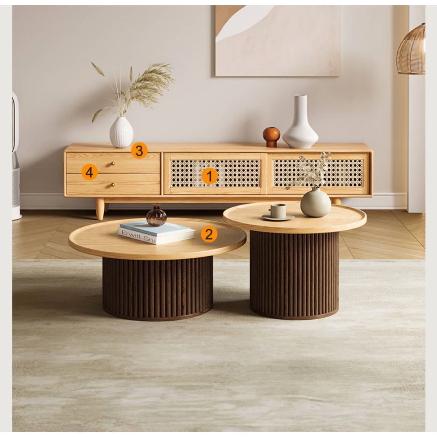 2-Pieces Modern Round Oak Wood Coffee Table - Natural Wood Color Finish for Livingroom hbzwg-642