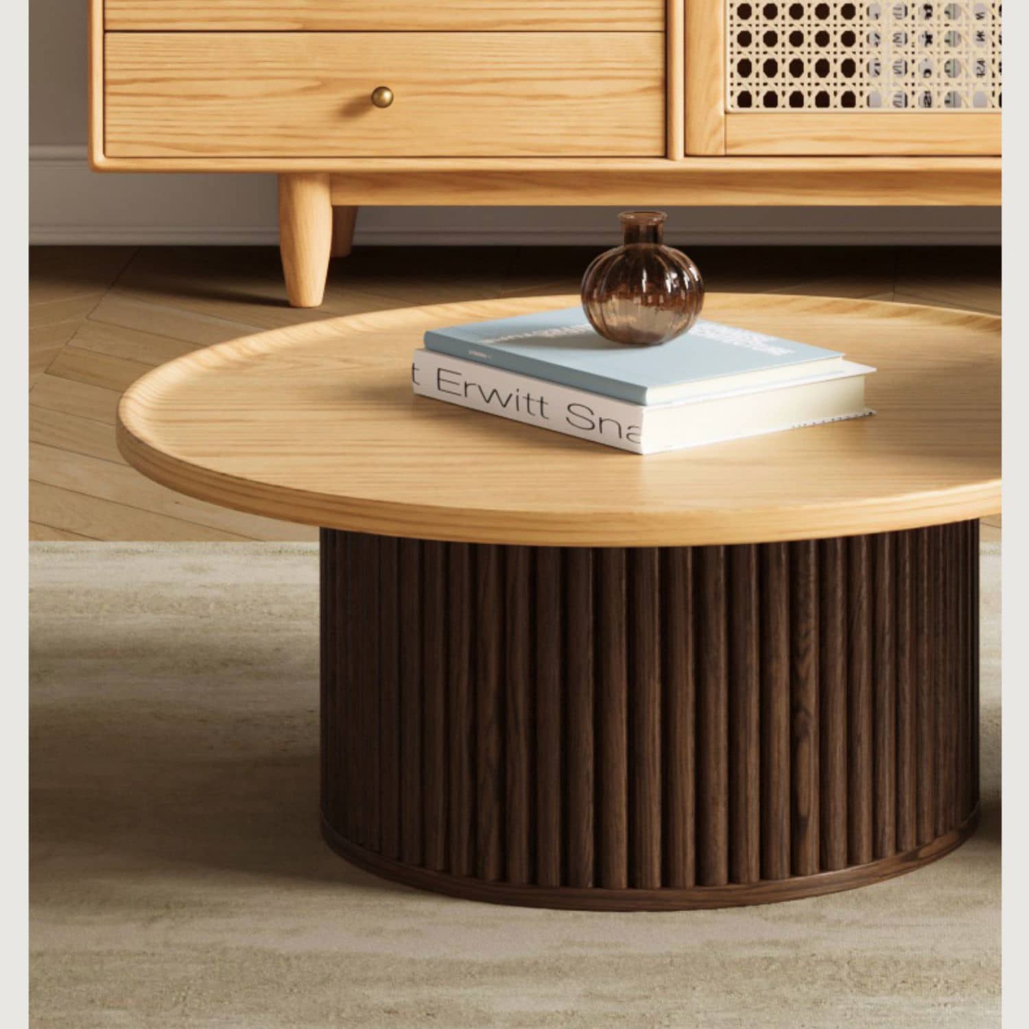 2-Pieces Modern Round Oak Wood Coffee Table - Natural Wood Color Finish for Livingroom hbzwg-642