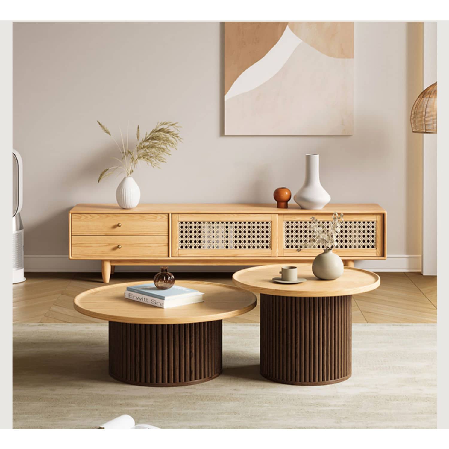 2-Pieces Modern Round Oak Wood Coffee Table - Natural Wood Color Finish for Livingroom hbzwg-642