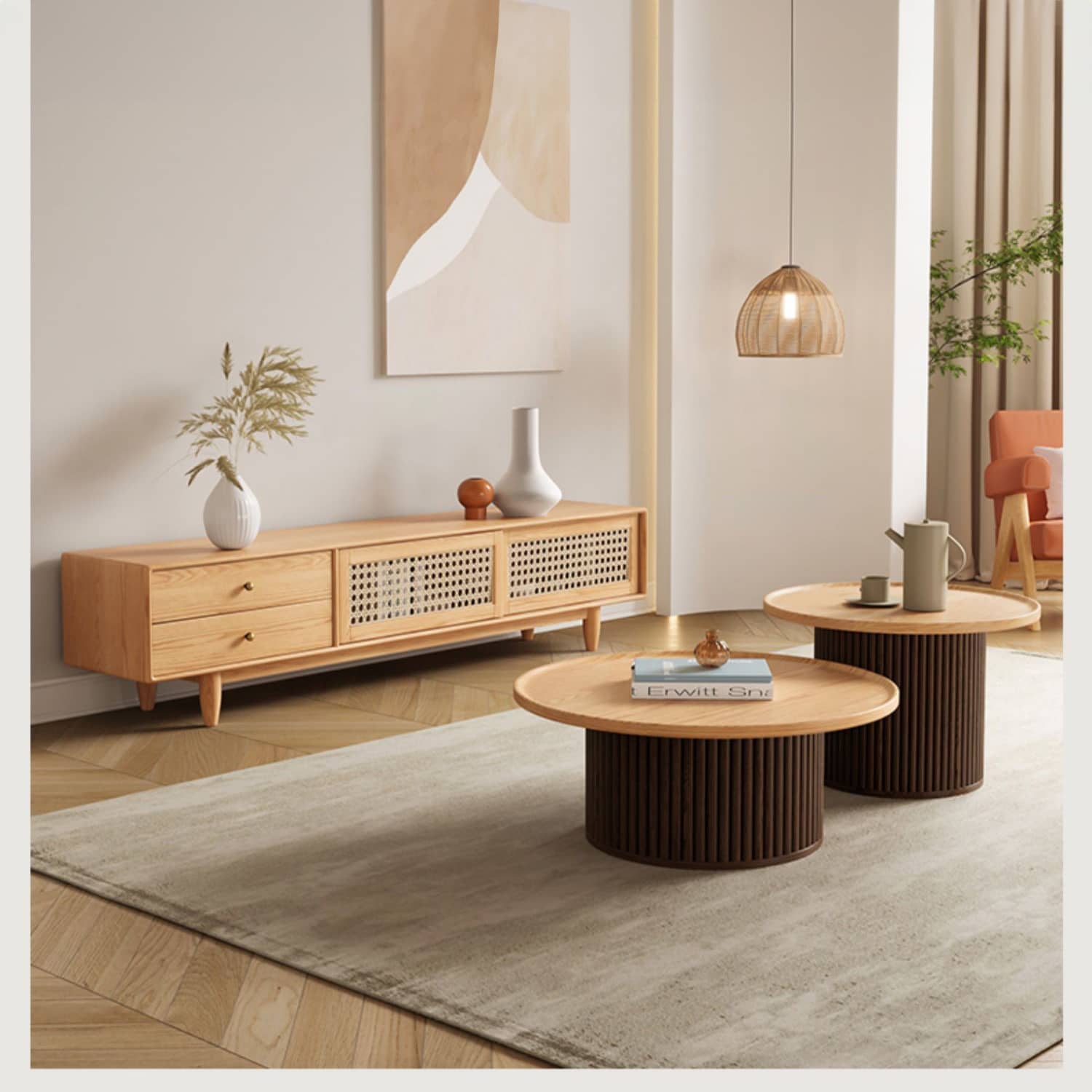 2-Pieces Modern Round Oak Wood Coffee Table - Natural Wood Color Finish for Livingroom hbzwg-642