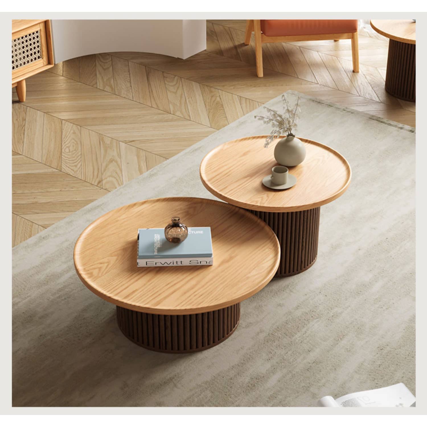 2-Pieces Modern Round Oak Wood Coffee Table - Natural Wood Color Finish for Livingroom hbzwg-642