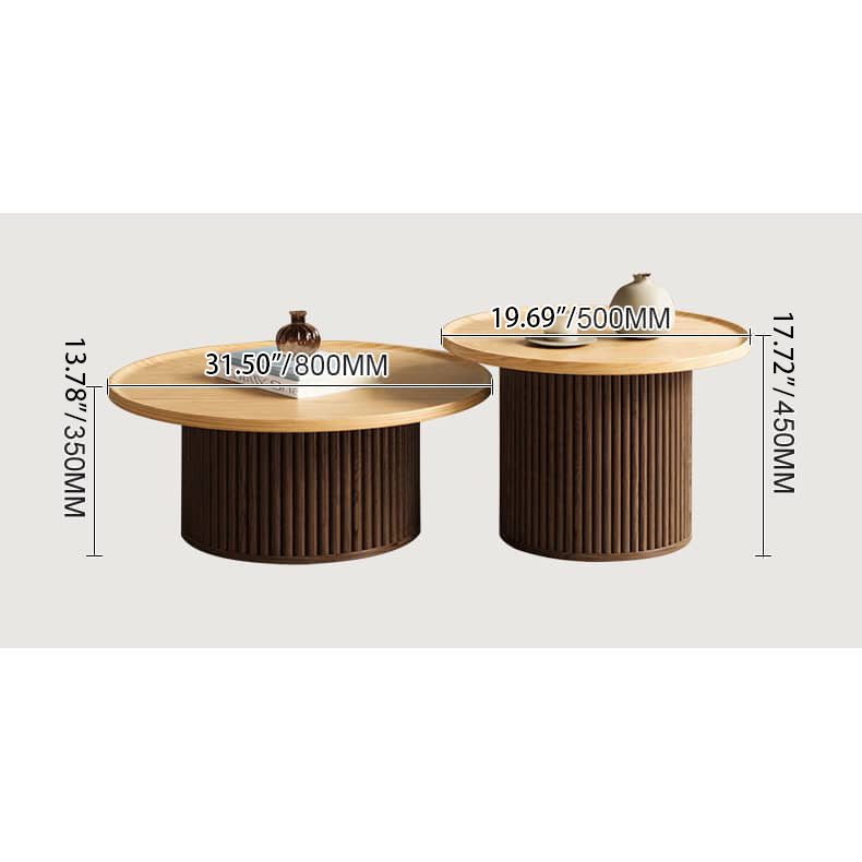 2-Pieces Modern Round Oak Wood Coffee Table - Natural Wood Color Finish for Livingroom hbzwg-642