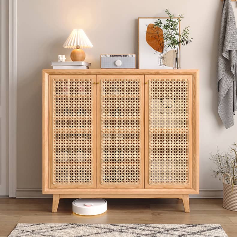 Natural Oak Wood Cabinet with Rattan Doors and Metal Accents hbzwg-647