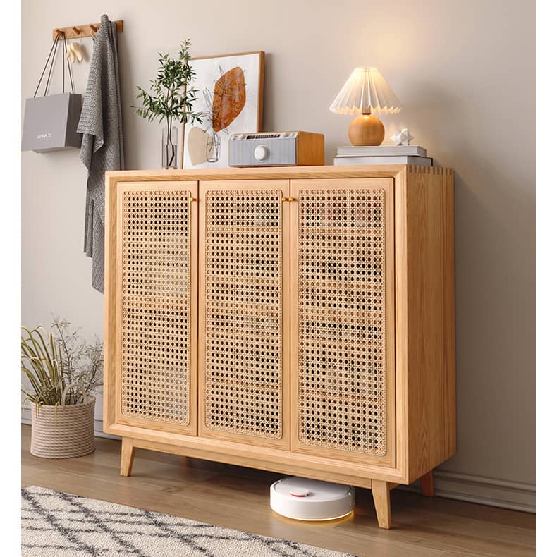 Natural Oak Wood Cabinet with Rattan Doors and Metal Accents hbzwg-647