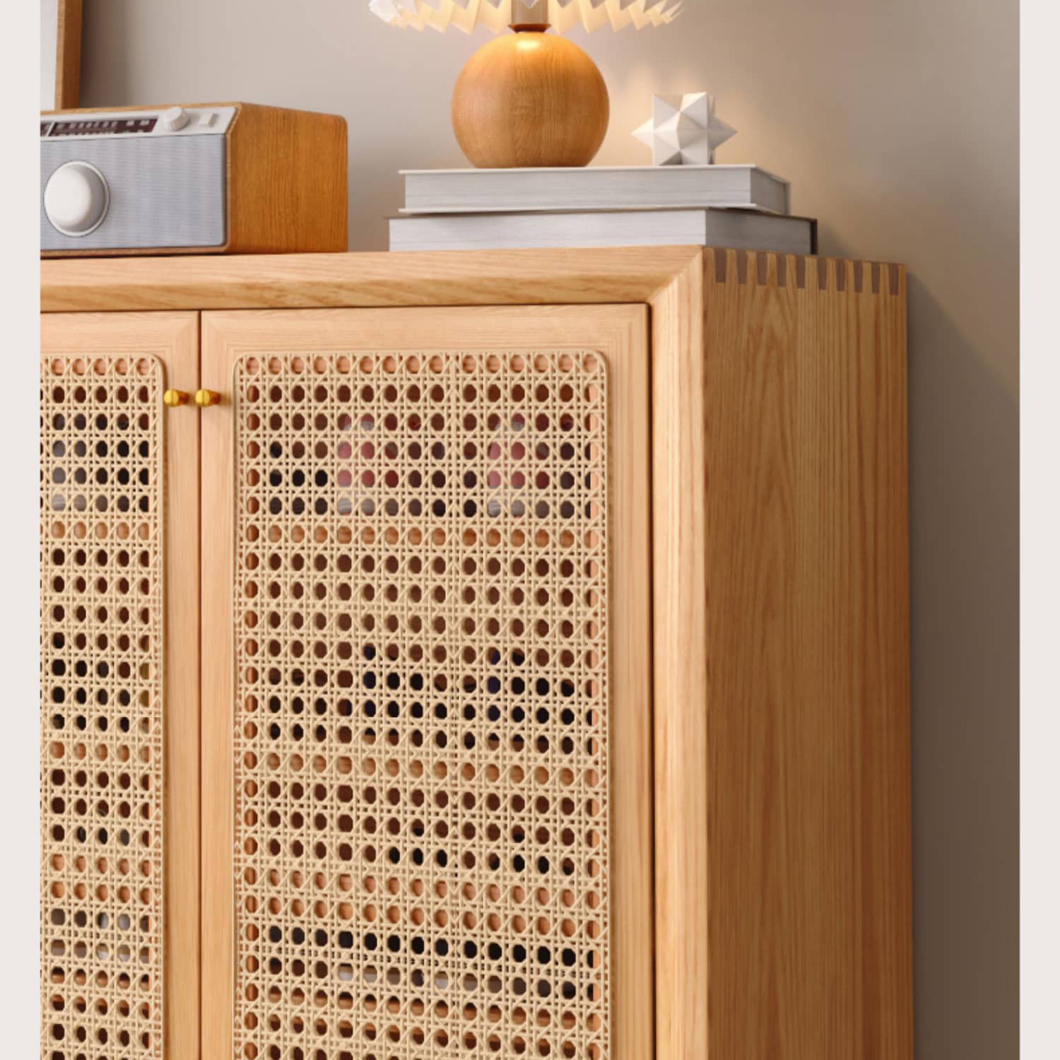 Natural Oak Wood Cabinet with Rattan Doors and Metal Accents hbzwg-647