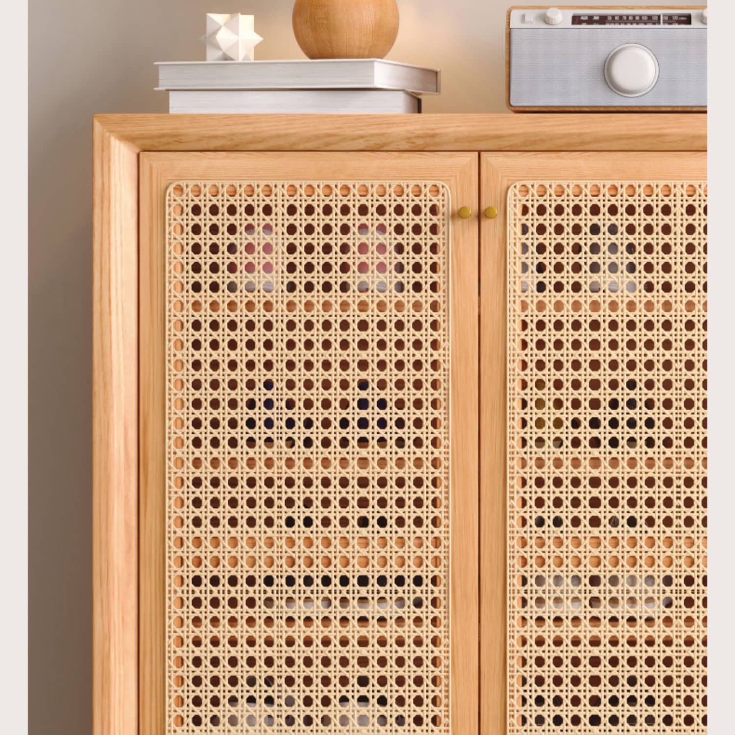 Natural Oak Wood Cabinet with Rattan Doors and Metal Accents hbzwg-647