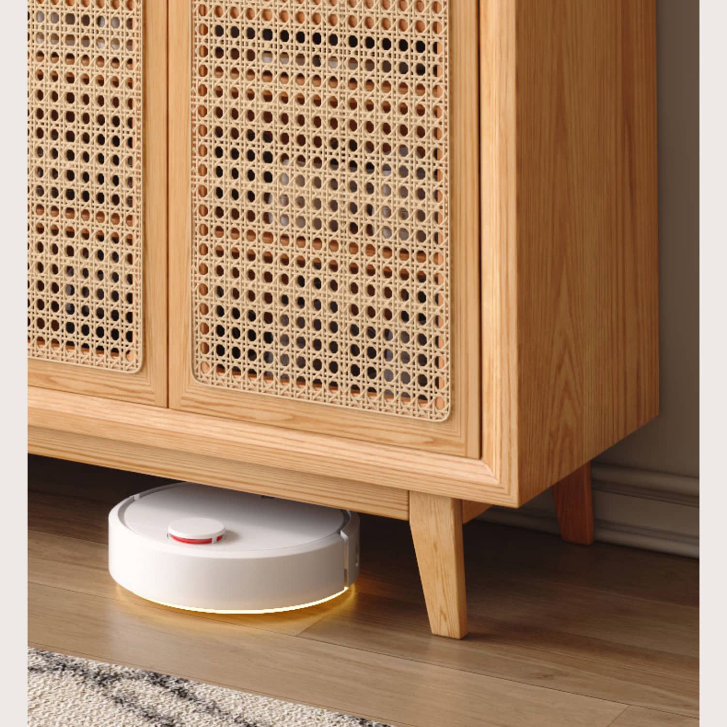 Natural Oak Wood Cabinet with Rattan Doors and Metal Accents hbzwg-647