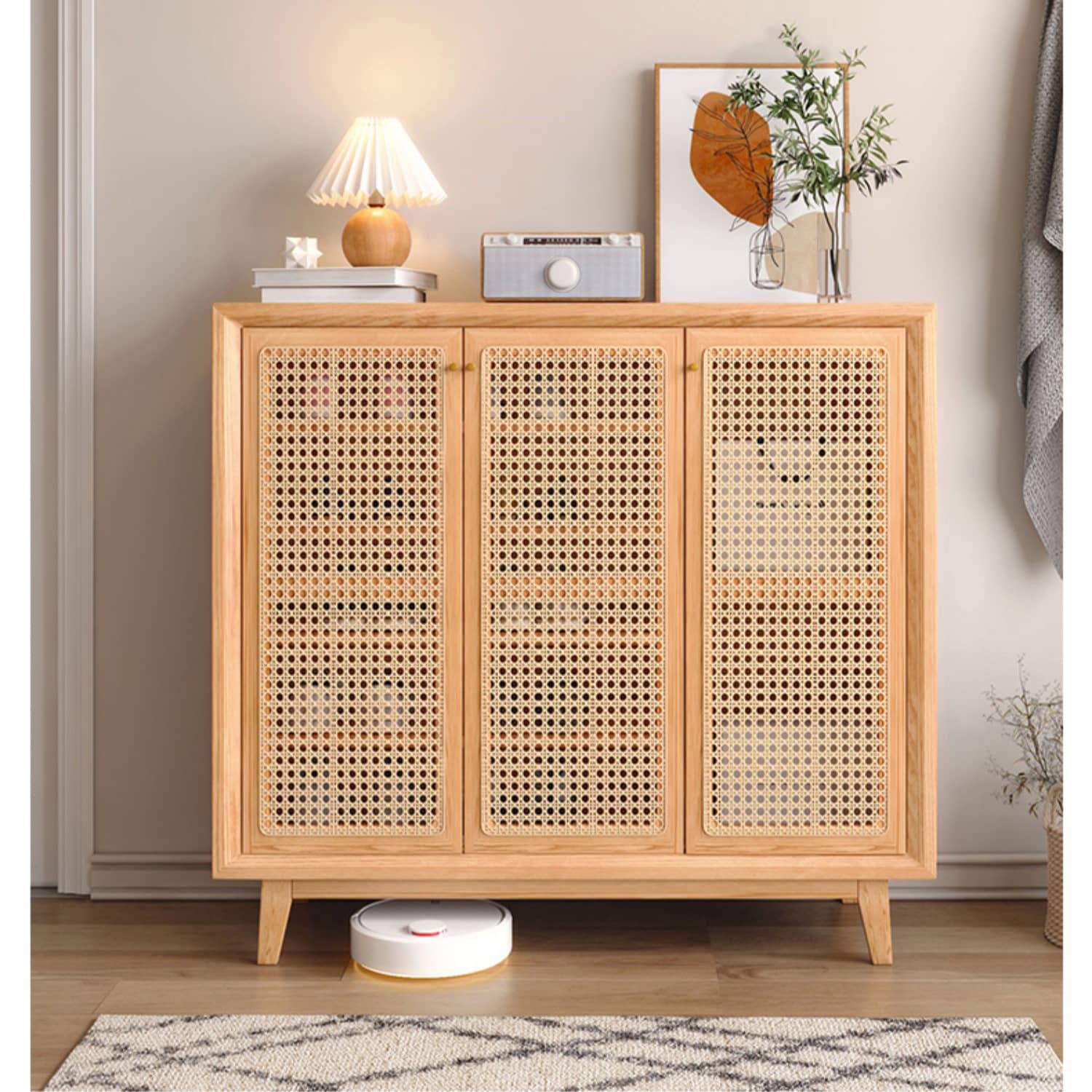 Natural Oak Wood Cabinet with Rattan Doors and Metal Accents hbzwg-647