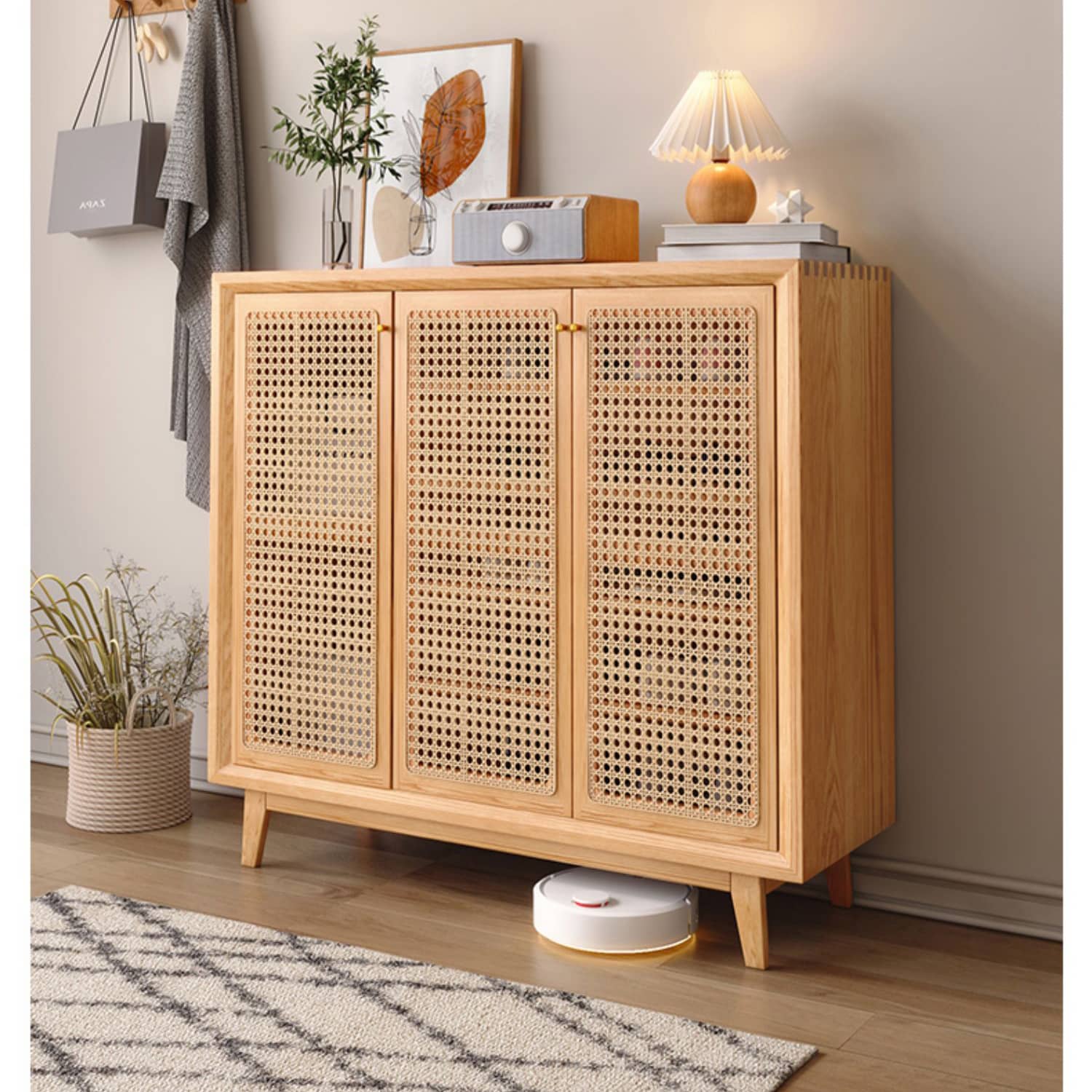 Natural Oak Wood Cabinet with Rattan Doors and Metal Accents hbzwg-647