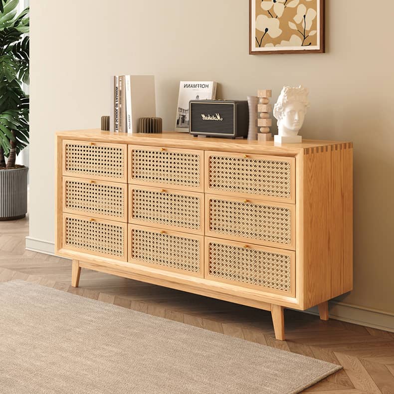 Stylish Oak Wood Cabinet with Rattan Accents and Metal Detailing hbzwg-648