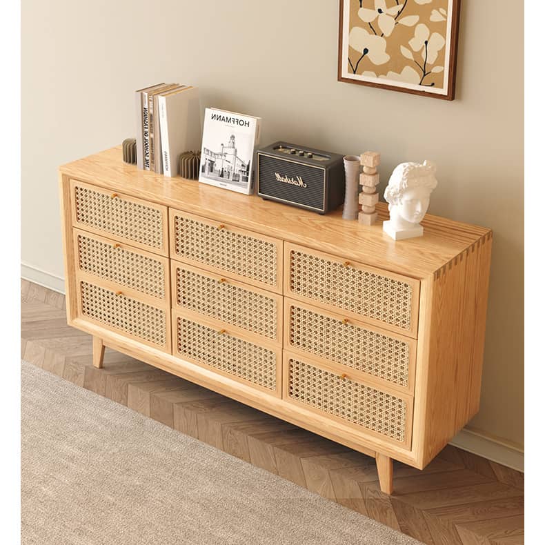 Stylish Oak Wood Cabinet with Rattan Accents and Metal Detailing hbzwg-648