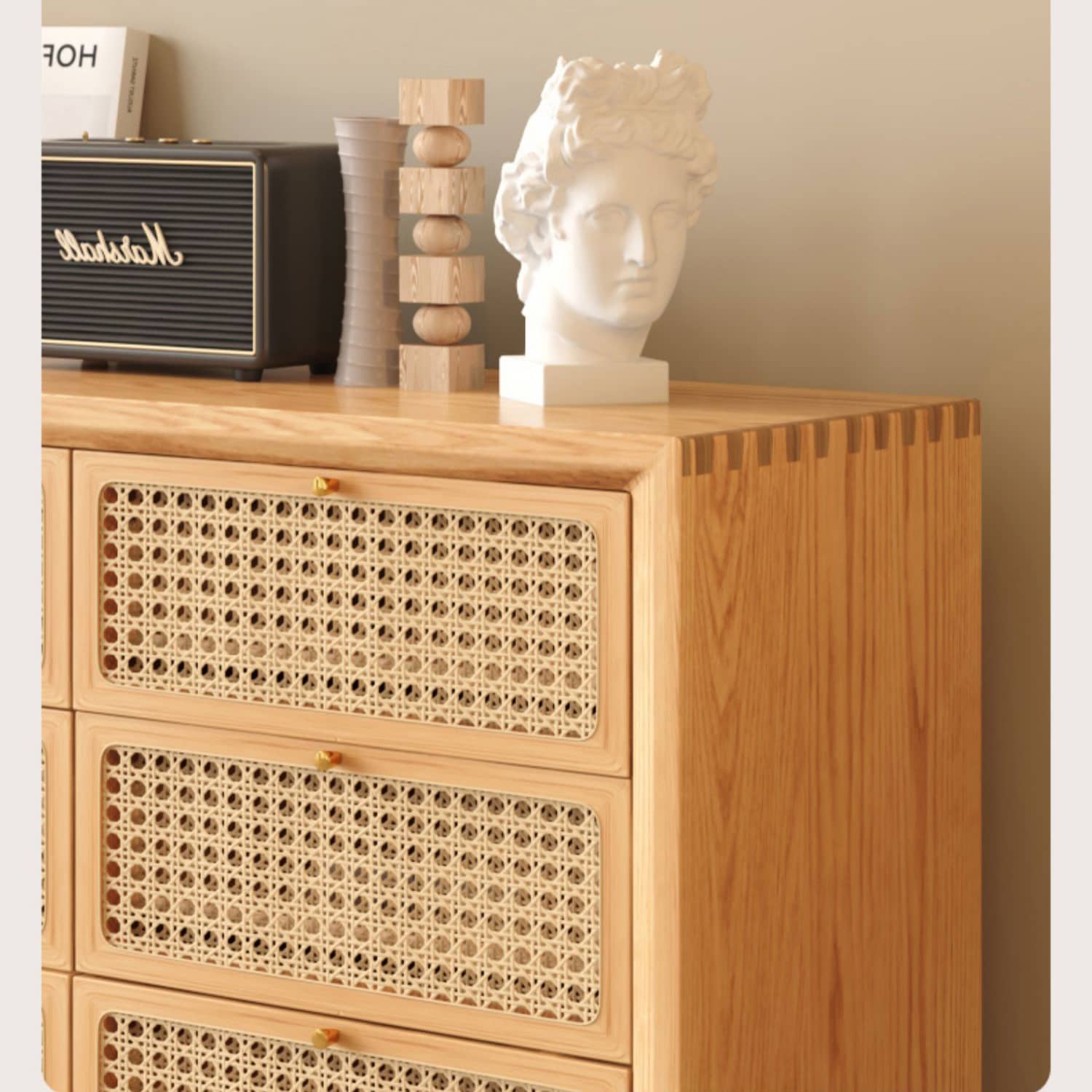 Stylish Oak Wood Cabinet with Rattan Accents and Metal Detailing hbzwg-648