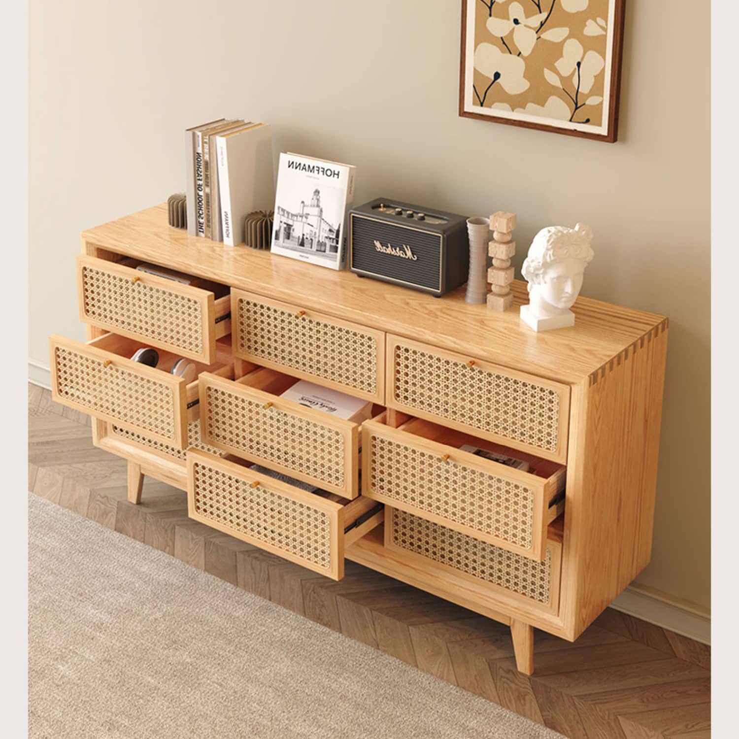 Stylish Oak Wood Cabinet with Rattan Accents and Metal Detailing hbzwg-648