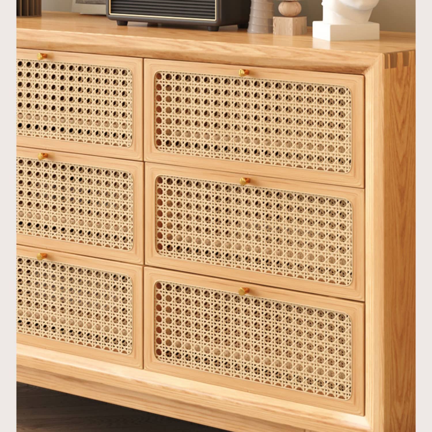 Stylish Oak Wood Cabinet with Rattan Accents and Metal Detailing hbzwg-648