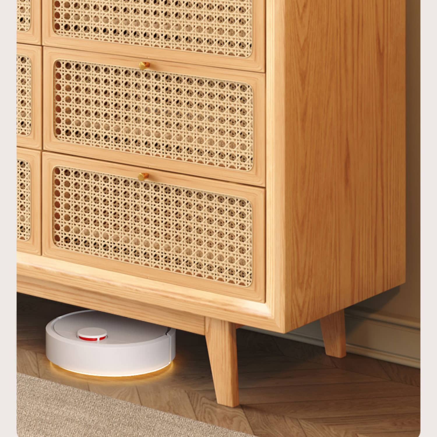 Stylish Oak Wood Cabinet with Rattan Accents and Metal Detailing hbzwg-648