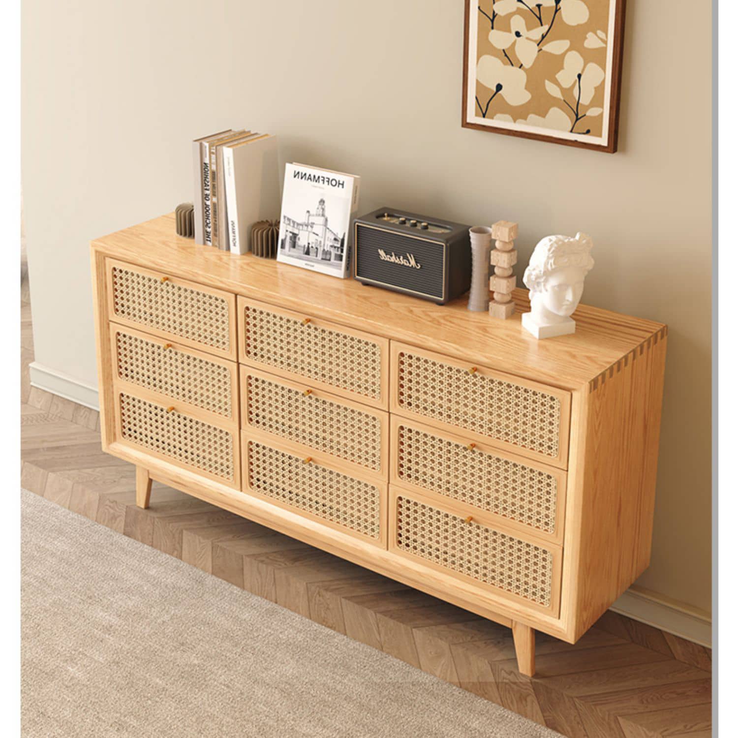 Stylish Oak Wood Cabinet with Rattan Accents and Metal Detailing hbzwg-648