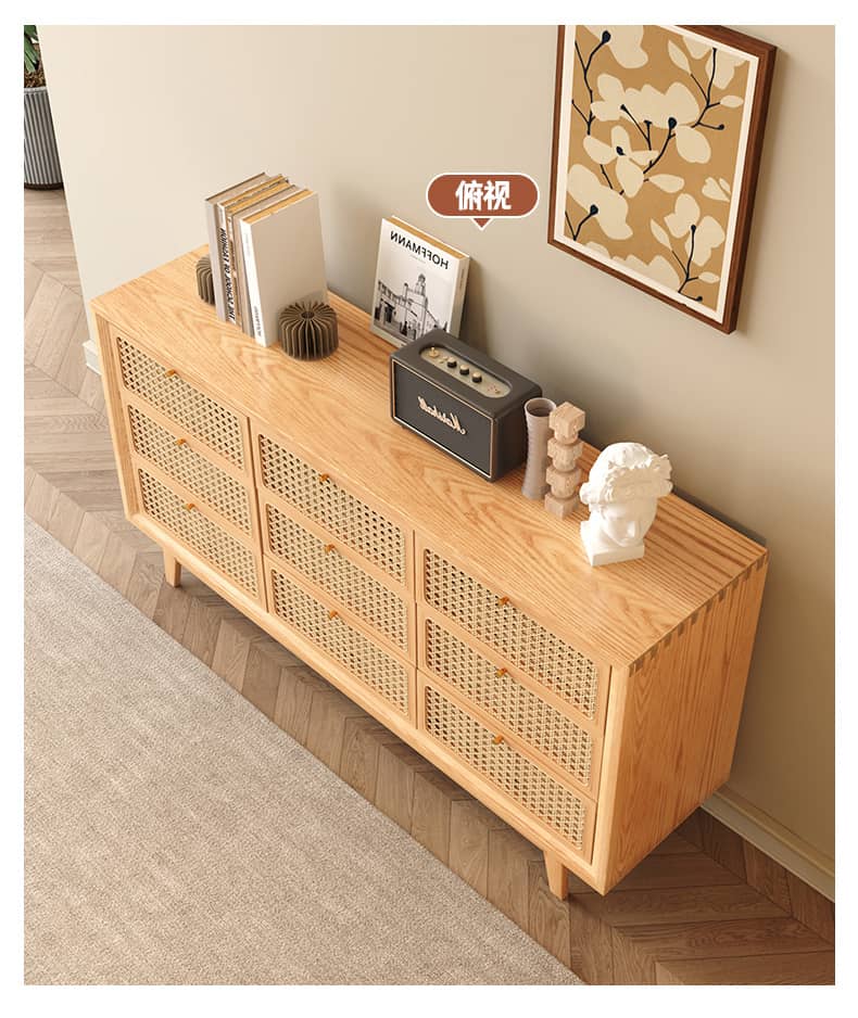 Stylish Oak Wood Cabinet with Rattan Accents and Metal Detailing hbzwg-648