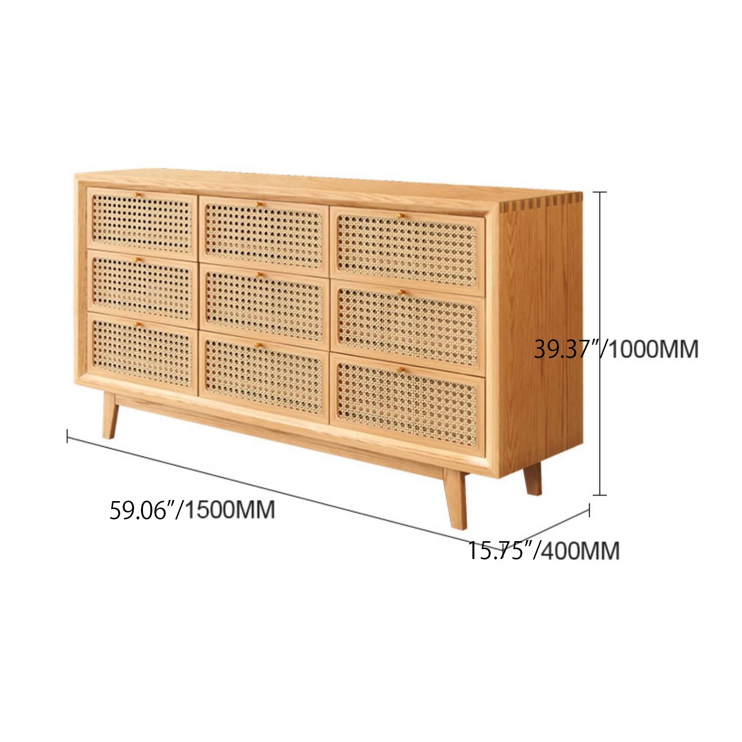 Stylish Oak Wood Cabinet with Rattan Accents and Metal Detailing hbzwg-648