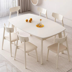 Minimalistic Rectangular Dining Table in Beige - Sintered Stone Top and Rubber Wood Frame for 6 hglna-1459