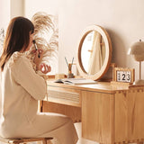 Elegant Natural Ash Wood Makeup Vanity with Rattan Accents and Glass Top hjhms-1039