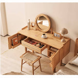 Elegant Natural Ash Wood Makeup Vanity with Rattan Accents and Glass Top hjhms-1039