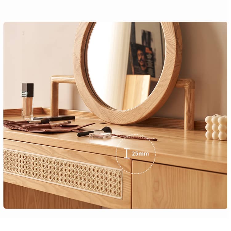 Elegant Natural Ash Wood Makeup Vanity with Rattan Accents and Glass Top hjhms-1039