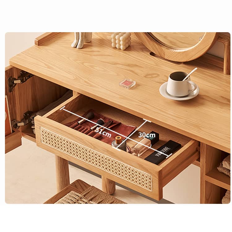 Elegant Natural Ash Wood Makeup Vanity with Rattan Accents and Glass Top hjhms-1039