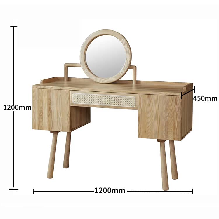 Elegant Natural Ash Wood Makeup Vanity with Rattan Accents and Glass Top hjhms-1039