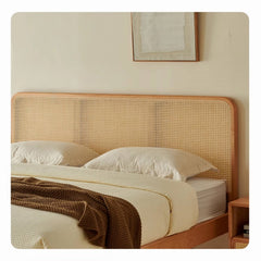 Modern Cal King Wooden Bed with Rattan Headboard Queen Size Design for Bedroom hjhms-1046