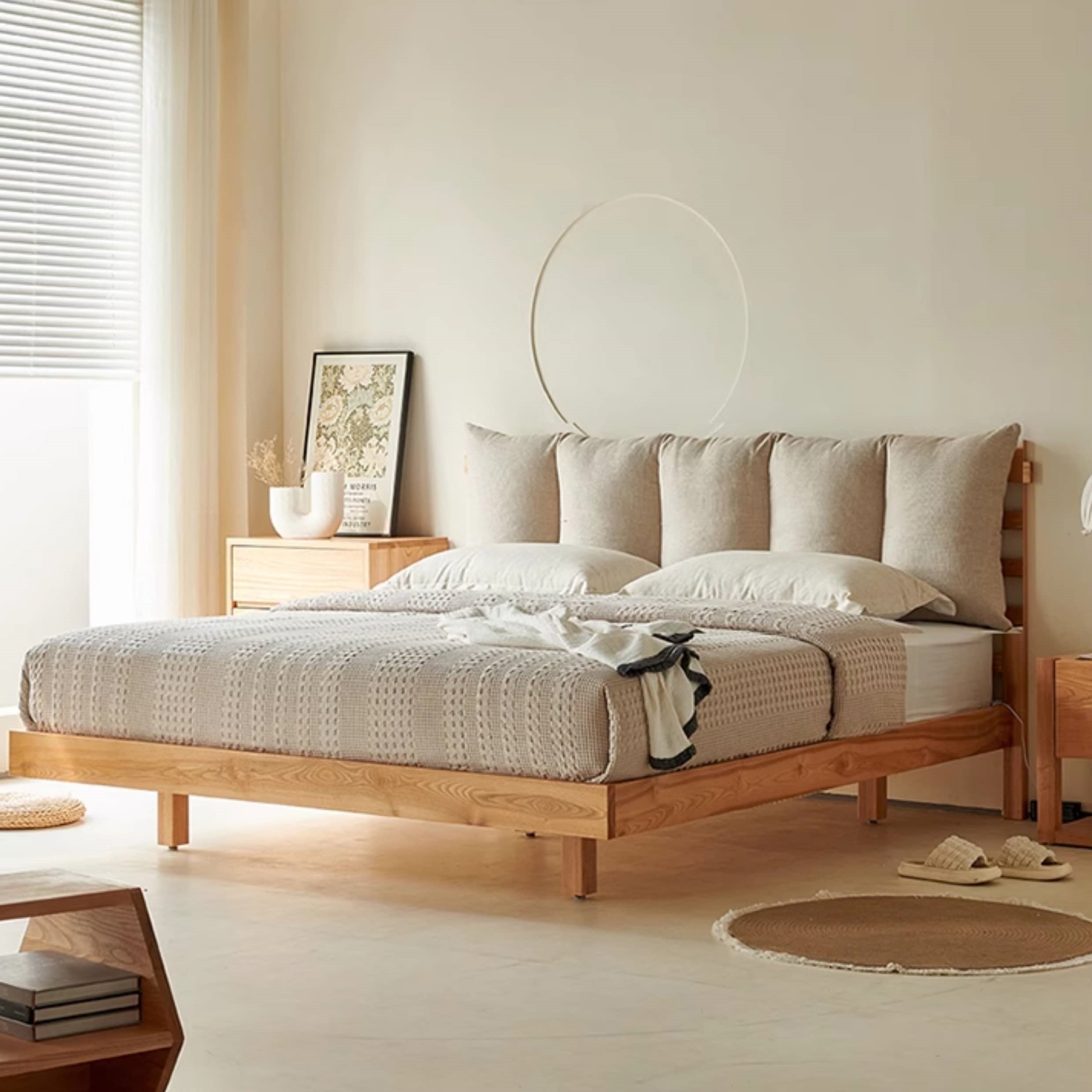 Modern Queen Size Dark Beige Bed with Pine Bed Frame & Cotton Upholstery Headboard California King Size for Your Bedroom Comfort hjhms-1047