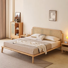 Stylish Cal King Ash Wood  Bed with Rattan Headboard - Durable Design for Bedroom hjhms-1562