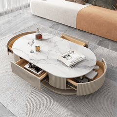 Modern Sintered Stone Coffee Table in Oval Shape with Drawers Storage - Modern for Livingroom hjl-1175