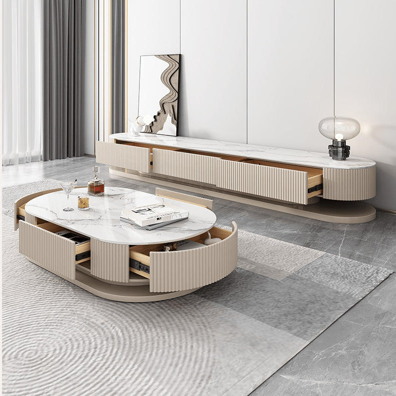 Modern Sintered Stone Coffee Table in Oval Shape with Drawers Storage - Modern for Livingroom hjl-1175